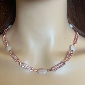 Elegant Pink Crystal and Rose Quartz Gold Necklace